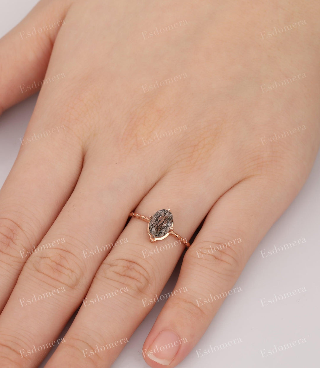 1.5CT Oval Cut 6x8mm Natural Black Rutilated Quartz Ring, 14K Gold Bridal Anniversary Ring - Esdomera