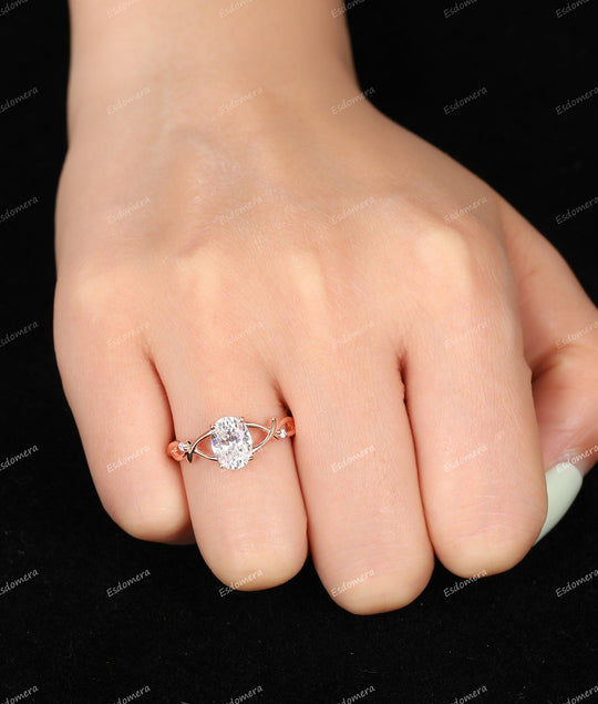 1.5CT Oval Cut Moissanite Ring Cross Band Wedding Ring 14K Soild Rose Gold Engagement Ring - Esdomera