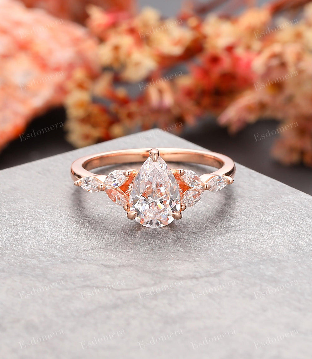 1.5CT Pear Cut Moissanite Engagement Ring For Women, 7 Stone Wedding Proposal Ring, 14k Rose Gold Promise Cluster Ring - Esdomera