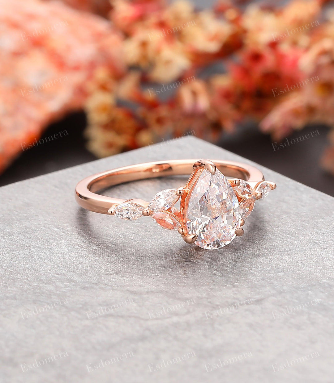 1.5CT Pear Cut Moissanite Engagement Ring For Women, 7 Stone Wedding Proposal Ring, 14k Rose Gold Promise Cluster Ring - Esdomera