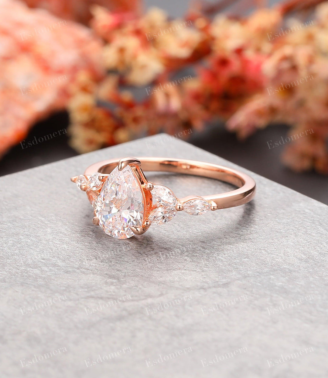 1.5CT Pear Cut Moissanite Engagement Ring For Women, 7 Stone Wedding Proposal Ring, 14k Rose Gold Promise Cluster Ring - Esdomera