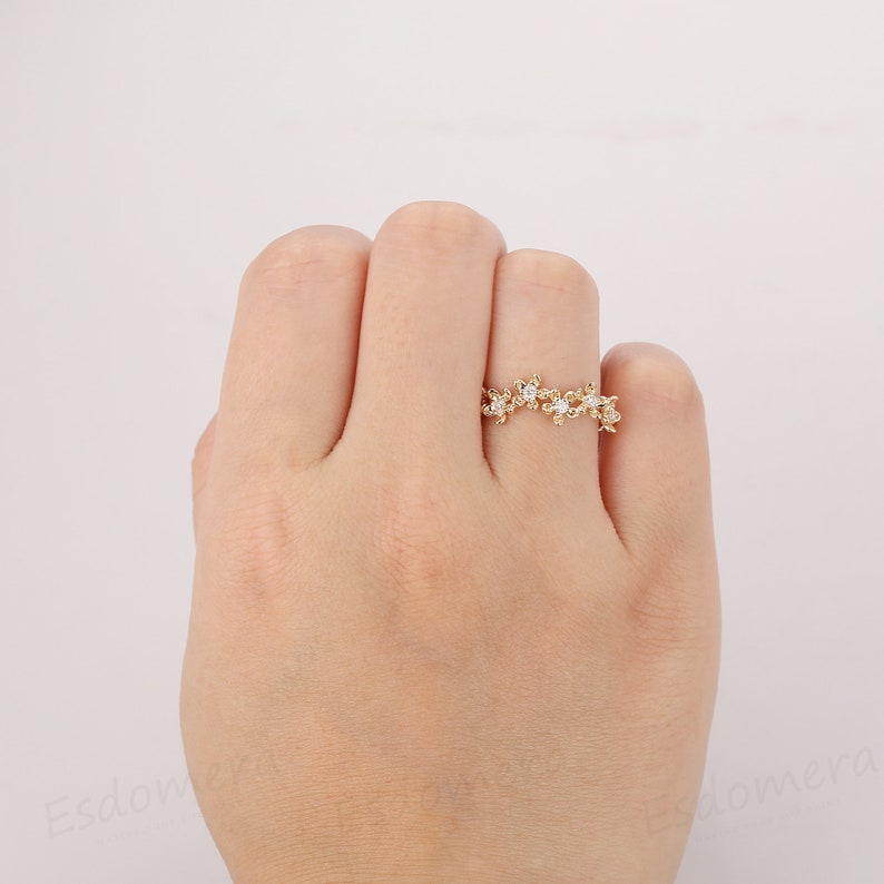 Vintage Floral Moissanite Ring, 14K Yellow Gold Promise Ring For Her