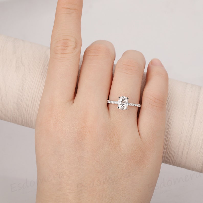 Oval Cut Moissanite Wedding Ring, Hidden Halo Engagement Ring, 3/4 Eternity Ring