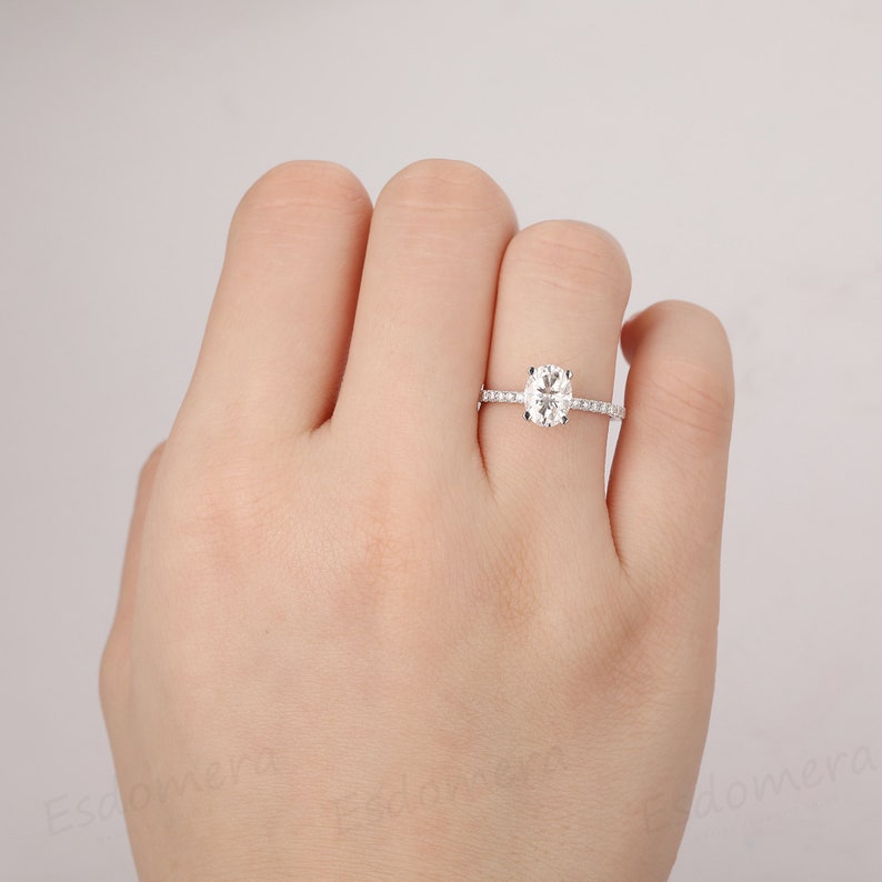 Oval Cut Moissanite Wedding Ring, Hidden Halo Engagement Ring, 3/4 Eternity Ring
