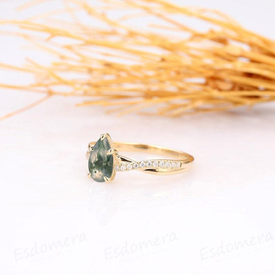 14K Gold 1CT Pear Cut Natural Moss Agate Engagement Ring, Half Twist Band - Esdomera