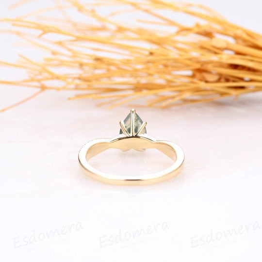 14K Gold 1CT Pear Cut Natural Moss Agate Engagement Ring, Half Twist Band - Esdomera