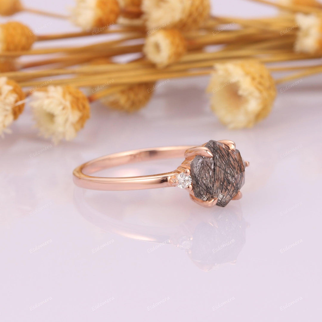 14K Rose Gold Three Stone 1.35CT Hexagon Cut Natural Black Rutilated Quartz Engagement Ring - Esdomera