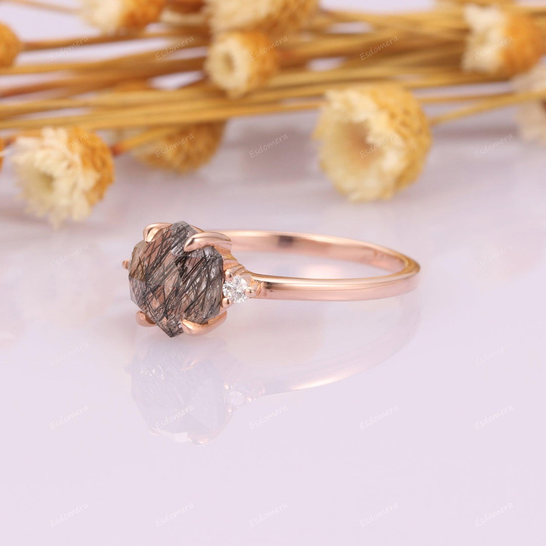 14K Rose Gold Three Stone 1.35CT Hexagon Cut Natural Black Rutilated Quartz Engagement Ring - Esdomera