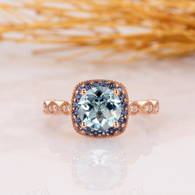 1.25CT Round Cut Natural Aquamarine Ring, Halo Natural Blue Sapphire Ring, Moissanite Half Eternity Ring