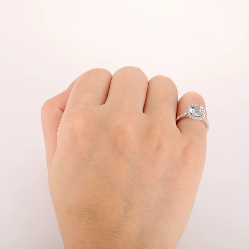 Round Cut 1.5CT Natural Aquamarine Ring, Halo Engagement Ring, 14K White Gold Anniversary Ring, Blue Stone Bridal Ring, Half Eternity Ring