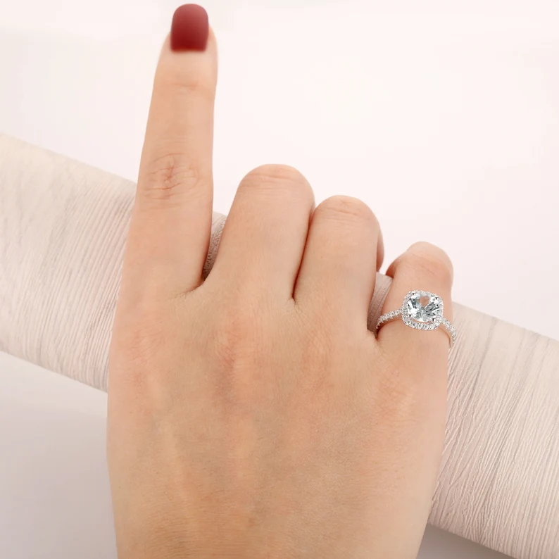 Round Cut 1.5CT Natural Aquamarine Ring, Halo Engagement Ring, 14K White Gold Anniversary Ring, Blue Stone Bridal Ring, Half Eternity Ring