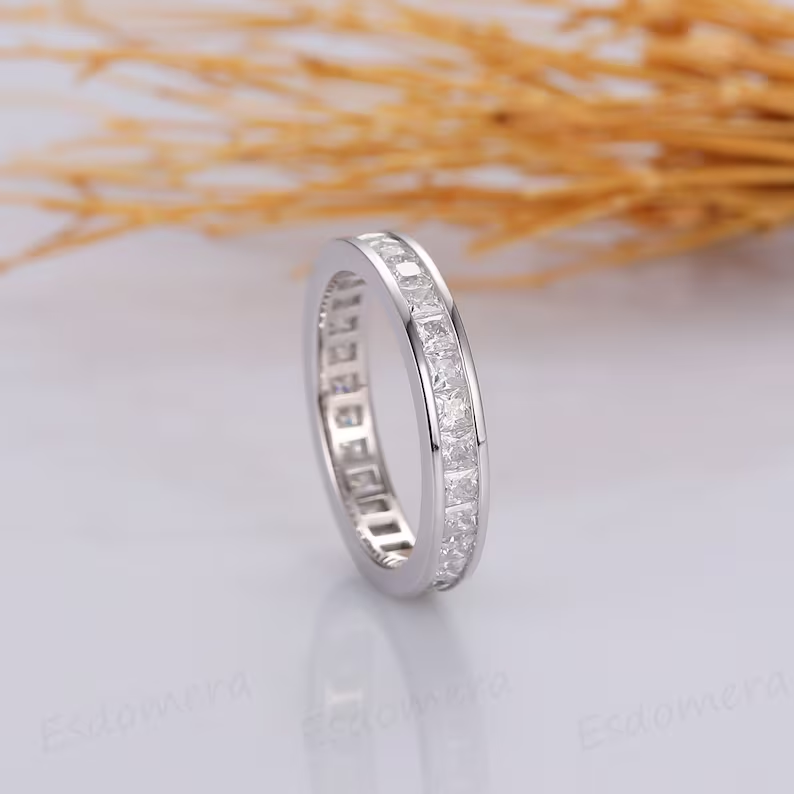 Full Eternity Moissanite Wedding Band, Princess Moissanite Stacking Ring, Anniversary Gift For Her, Daily Ring For Women, White Gold Band