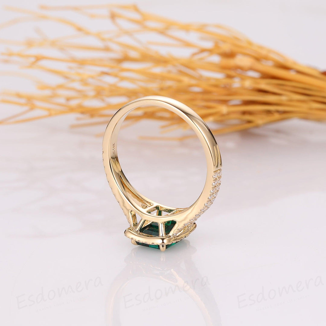 2.00CT Emerald Cut Emerald Ring, Split Shanks Halo Moissanite Ring, 14k Yellow Gold Ring - Esdomera