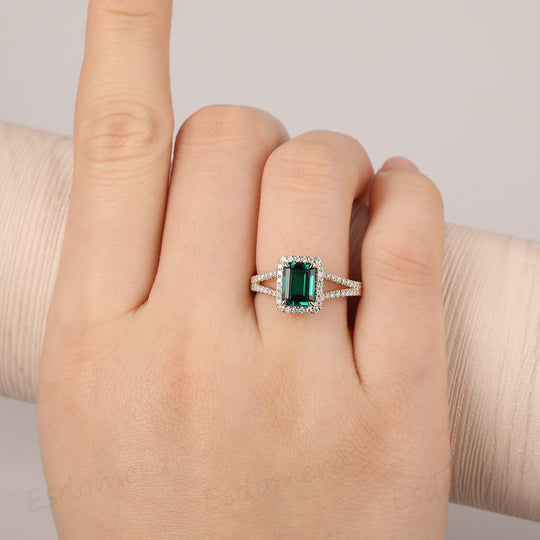 2.00CT Emerald Cut Emerald Ring, Split Shanks Halo Moissanite Ring, 14k Yellow Gold Ring - Esdomera