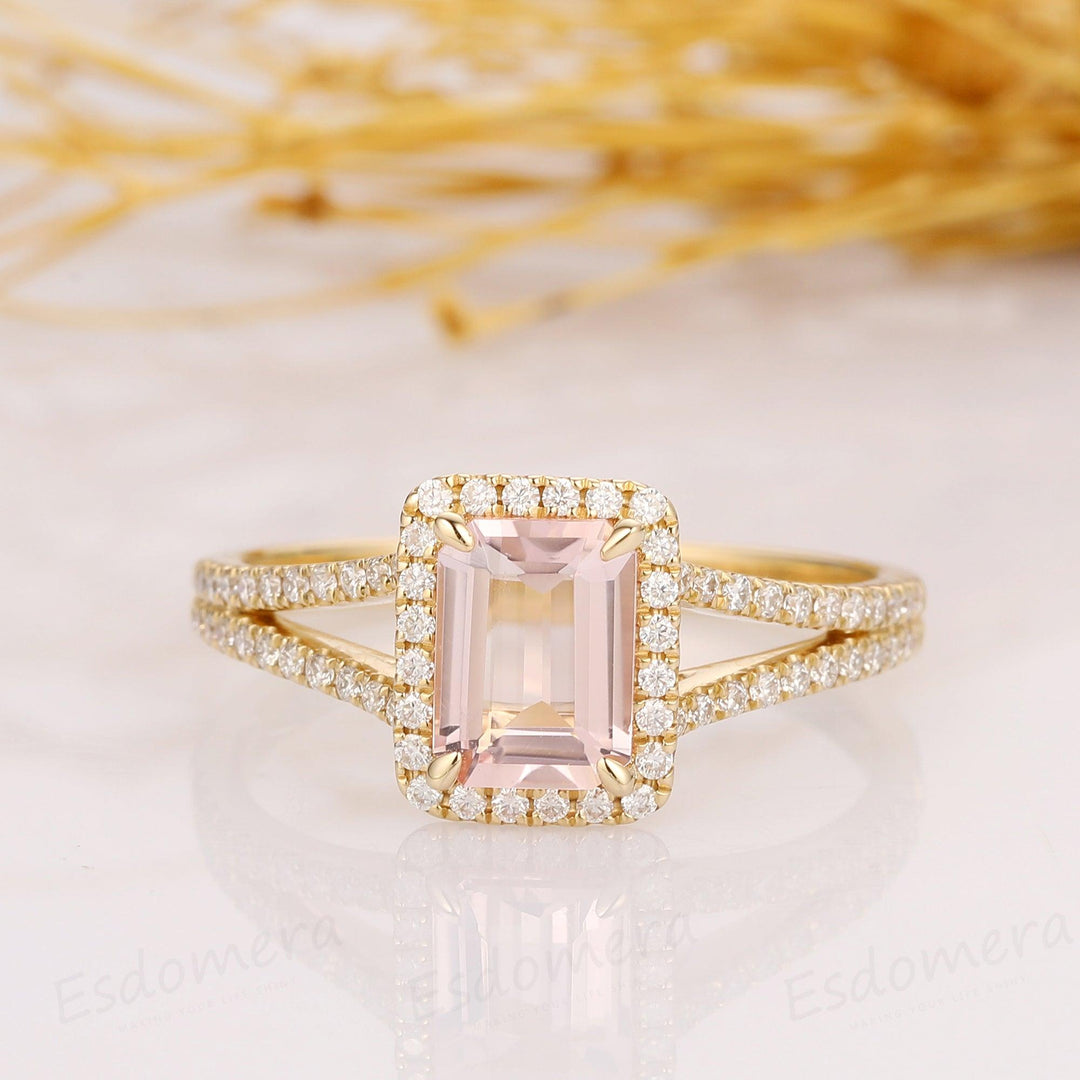 2.00CT Emerald Cut Morganite Engagement Ring, Halo Split Shanks Accents Ring, 14k Solid Yellow Gold Ring - Esdomera