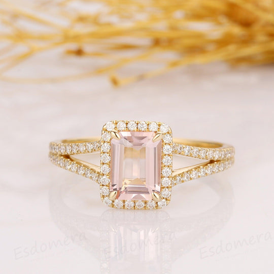 2.00CT Emerald Cut Morganite Engagement Ring, Halo Split Shanks Accents Ring, 14k Solid Yellow Gold Ring - Esdomera