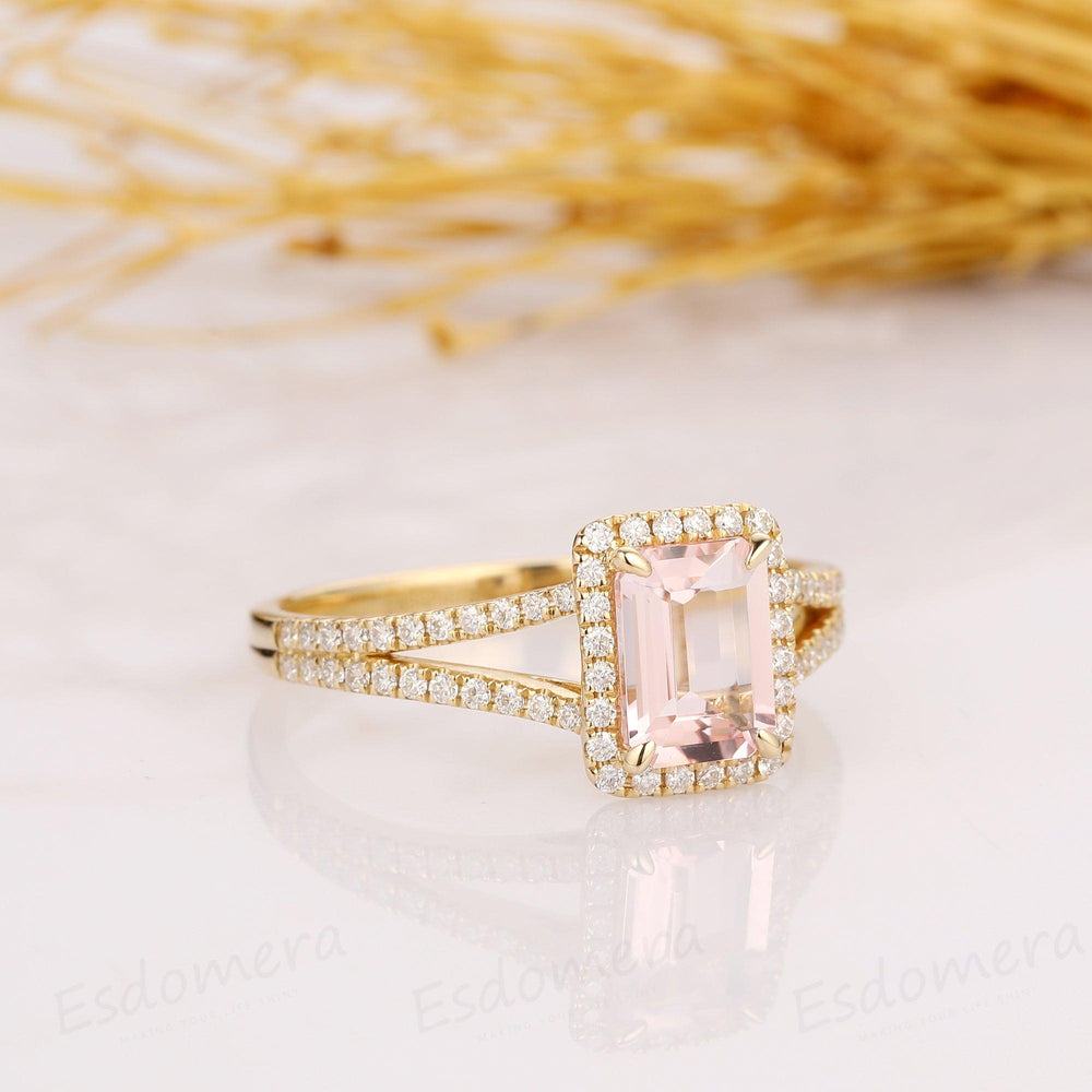 2.00CT Emerald Cut Morganite Engagement Ring, Halo Split Shanks Accents Ring, 14k Solid Yellow Gold Ring - Esdomera