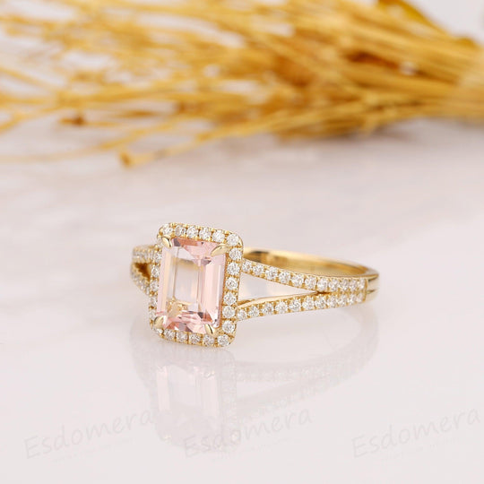 2.00CT Emerald Cut Morganite Engagement Ring, Halo Split Shanks Accents Ring, 14k Solid Yellow Gold Ring - Esdomera