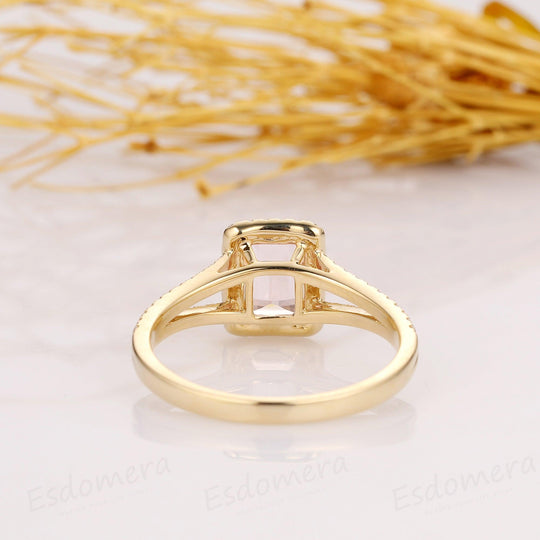 2.00CT Emerald Cut Morganite Engagement Ring, Halo Split Shanks Accents Ring, 14k Solid Yellow Gold Ring - Esdomera