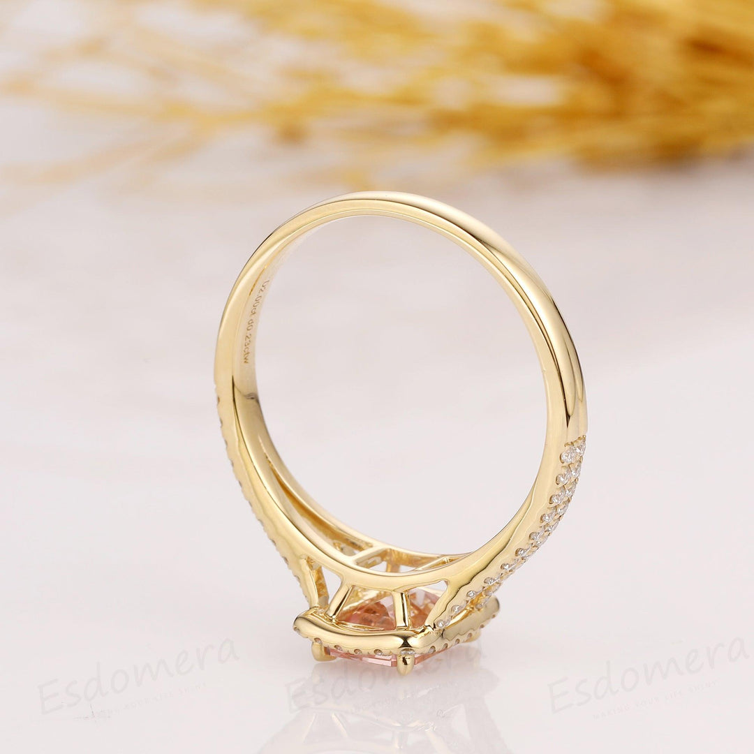 2.00CT Emerald Cut Morganite Engagement Ring, Halo Split Shanks Accents Ring, 14k Solid Yellow Gold Ring - Esdomera