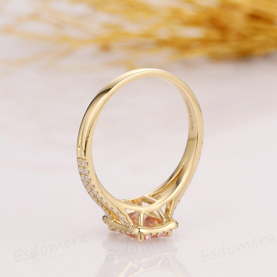 2.00CT Emerald Cut Morganite Engagement Ring, Halo Split Shanks Accents Ring, 14k Solid Yellow Gold Ring - Esdomera