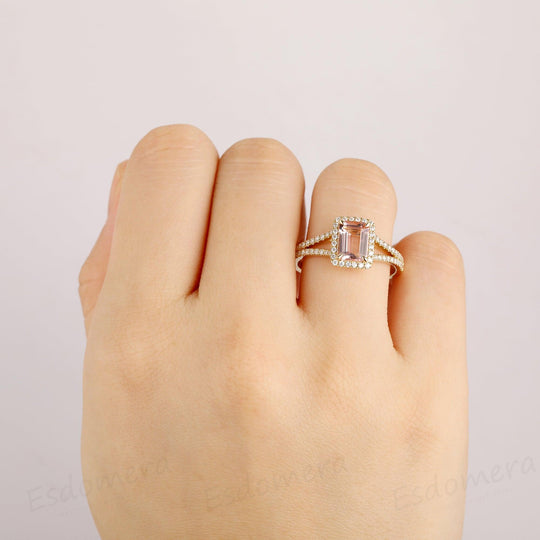 2.00CT Emerald Cut Morganite Engagement Ring, Halo Split Shanks Accents Ring, 14k Solid Yellow Gold Ring - Esdomera