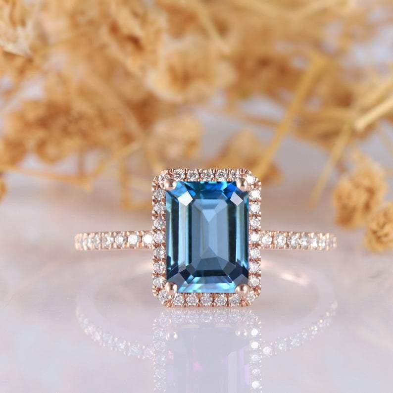 2.0CT Emerald Cut London Blue Topaz Engagement Ring 14k Rose Gold Ring - Esdomera
