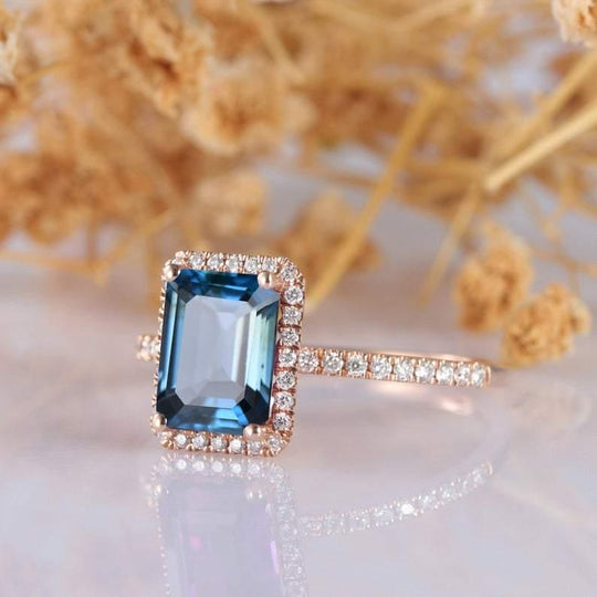 2.0CT Emerald Cut London Blue Topaz Engagement Ring 14k Rose Gold Ring - Esdomera