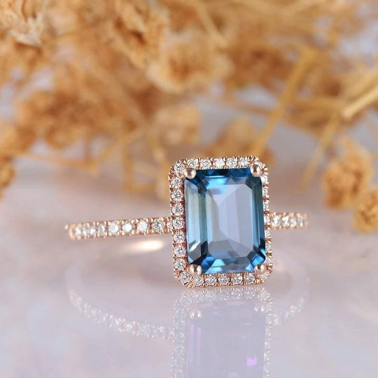 2.0CT Emerald Cut London Blue Topaz Engagement Ring 14k Rose Gold Ring - Esdomera