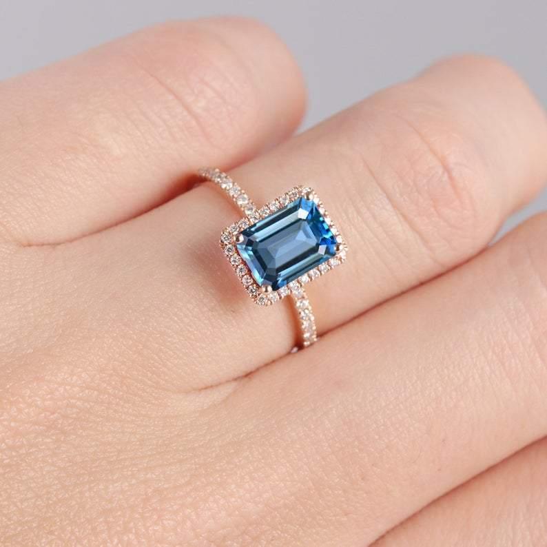 2.0CT Emerald Cut London Blue Topaz Engagement Ring 14k Rose Gold Ring - Esdomera