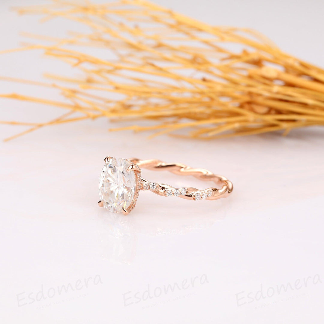 2.1CT Oval Cut Hidden Halo Ring, 4 Prongs Ring, Full Twist Band with Half Eternity Moissanite - Esdomera