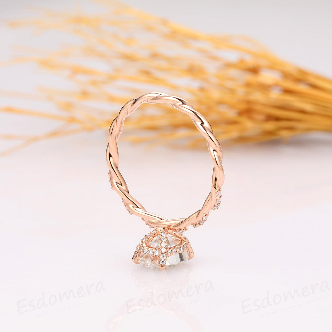 2.1CT Oval Cut Hidden Halo Ring, 4 Prongs Ring, Full Twist Band with Half Eternity Moissanite - Esdomera