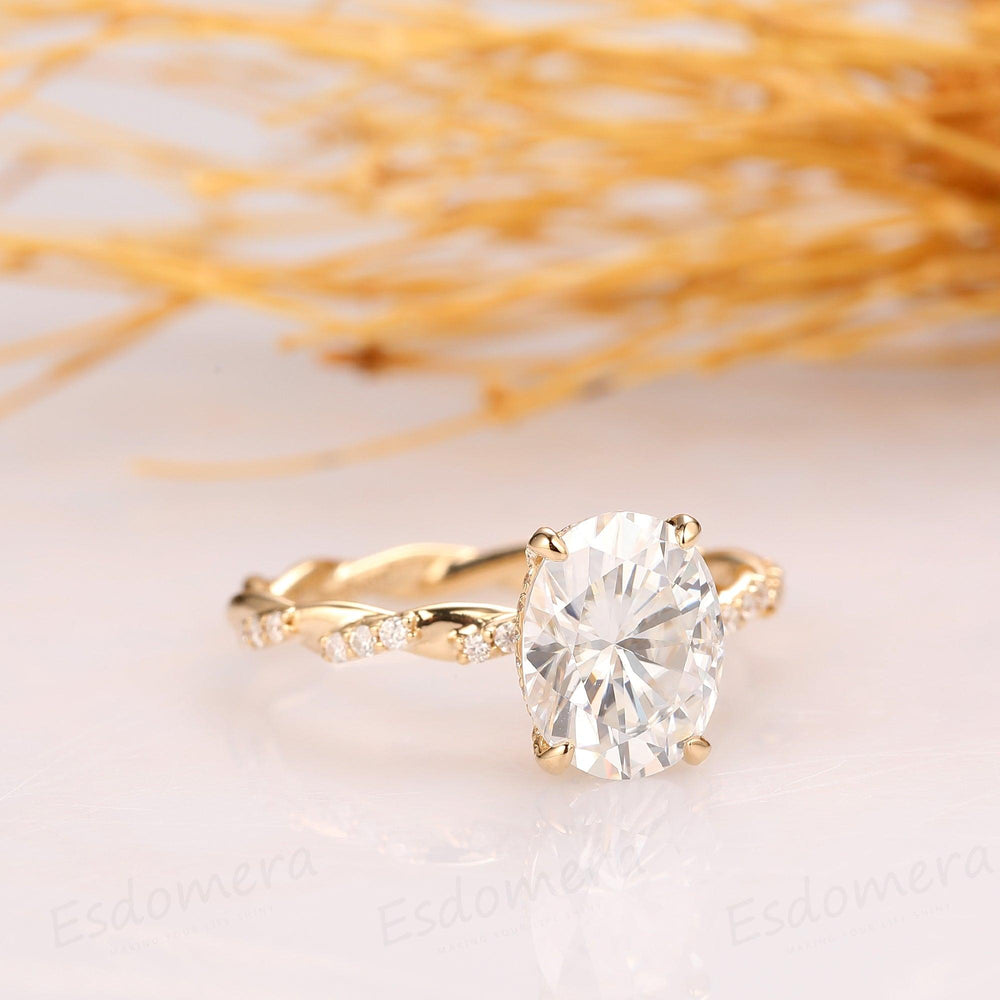 2.1CT Oval Cut Hidden Halo Ring, 4 Prongs Ring, Full Twist Band with Half Eternity Moissanite - Esdomera