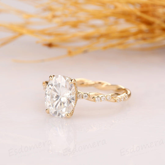 2.1CT Oval Cut Hidden Halo Ring, 4 Prongs Ring, Full Twist Band with Half Eternity Moissanite - Esdomera