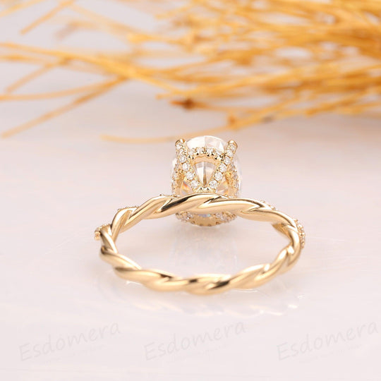 2.1CT Oval Cut Hidden Halo Ring, 4 Prongs Ring, Full Twist Band with Half Eternity Moissanite - Esdomera