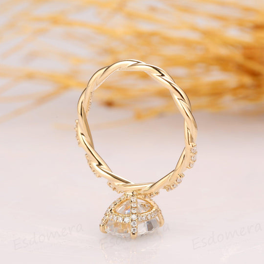 2.1CT Oval Cut Hidden Halo Ring, 4 Prongs Ring, Full Twist Band with Half Eternity Moissanite - Esdomera