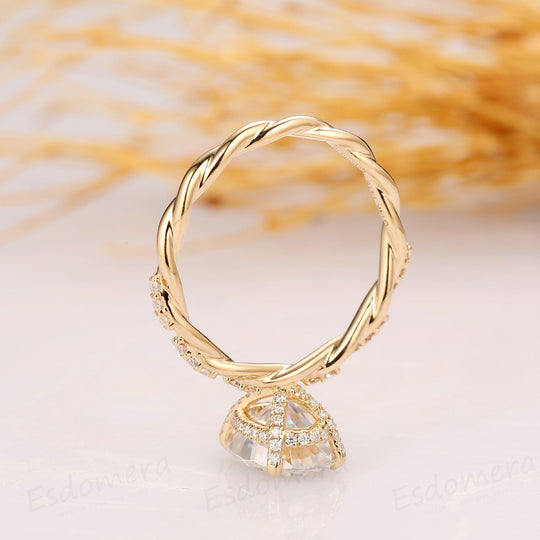 2.1CT Oval Cut Hidden Halo Ring, 4 Prongs Ring, Full Twist Band with Half Eternity Moissanite - Esdomera