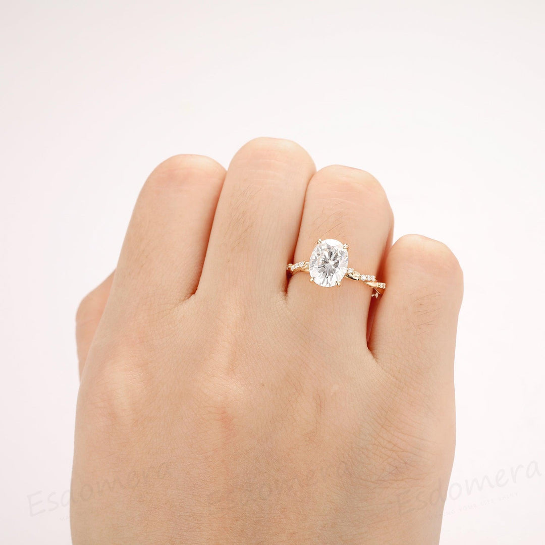 2.1CT Oval Cut Hidden Halo Ring, 4 Prongs Ring, Full Twist Band with Half Eternity Moissanite - Esdomera