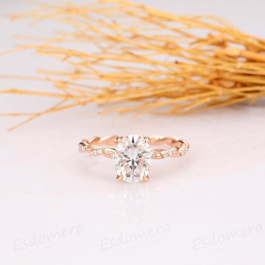 2.1CT Oval Cut Hidden Halo Ring, 4 Prongs Ring, Full Twist Band with Half Eternity Moissanite - Esdomera