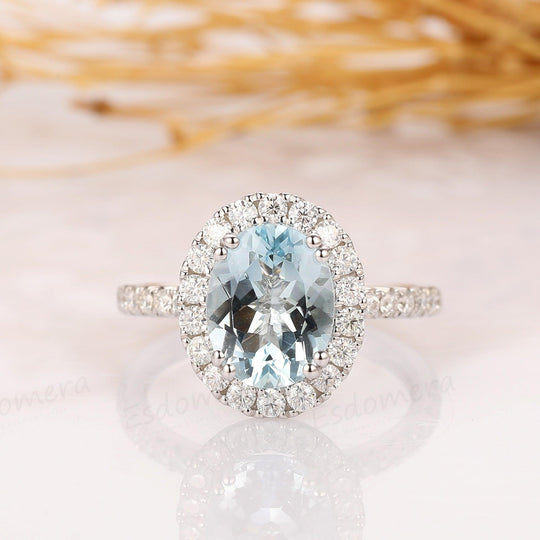 2.1CT Oval Cut Natural Aquamarine Ring, 14k White Gold Engagement Ring - Esdomera