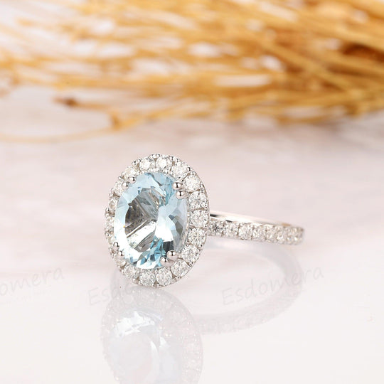 2.1CT Oval Cut Natural Aquamarine Ring, 14k White Gold Engagement Ring - Esdomera