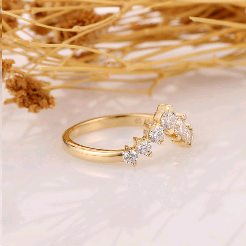 18k Solid Yellow Gold Moissanite Wedding Band, Brilliant Moissanite Accents Ring, V-shaped Matching Band, Promise Ring