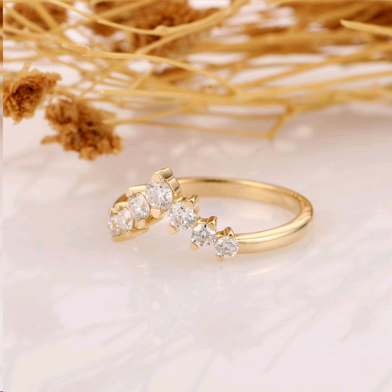 18k Solid Yellow Gold Moissanite Wedding Band, Brilliant Moissanite Accents Ring, V-shaped Matching Band, Promise Ring