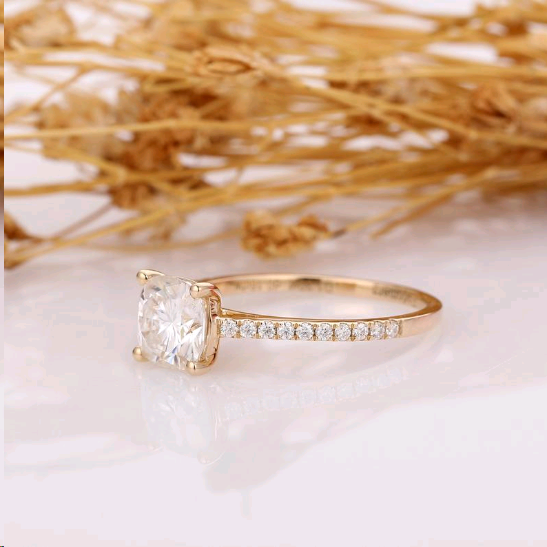 Cushion Cut 6.5mm Esdomera Moissanite, Unique Engagement Ring, Accents 14k Yellow Gold Wedding Ring, Art Deco Ring