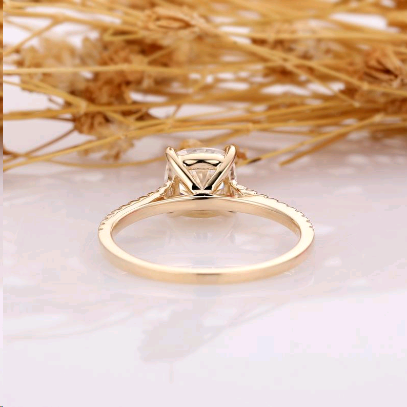 Cushion Cut 6.5mm Esdomera Moissanite, Unique Engagement Ring, Accents 14k Yellow Gold Wedding Ring, Art Deco Ring