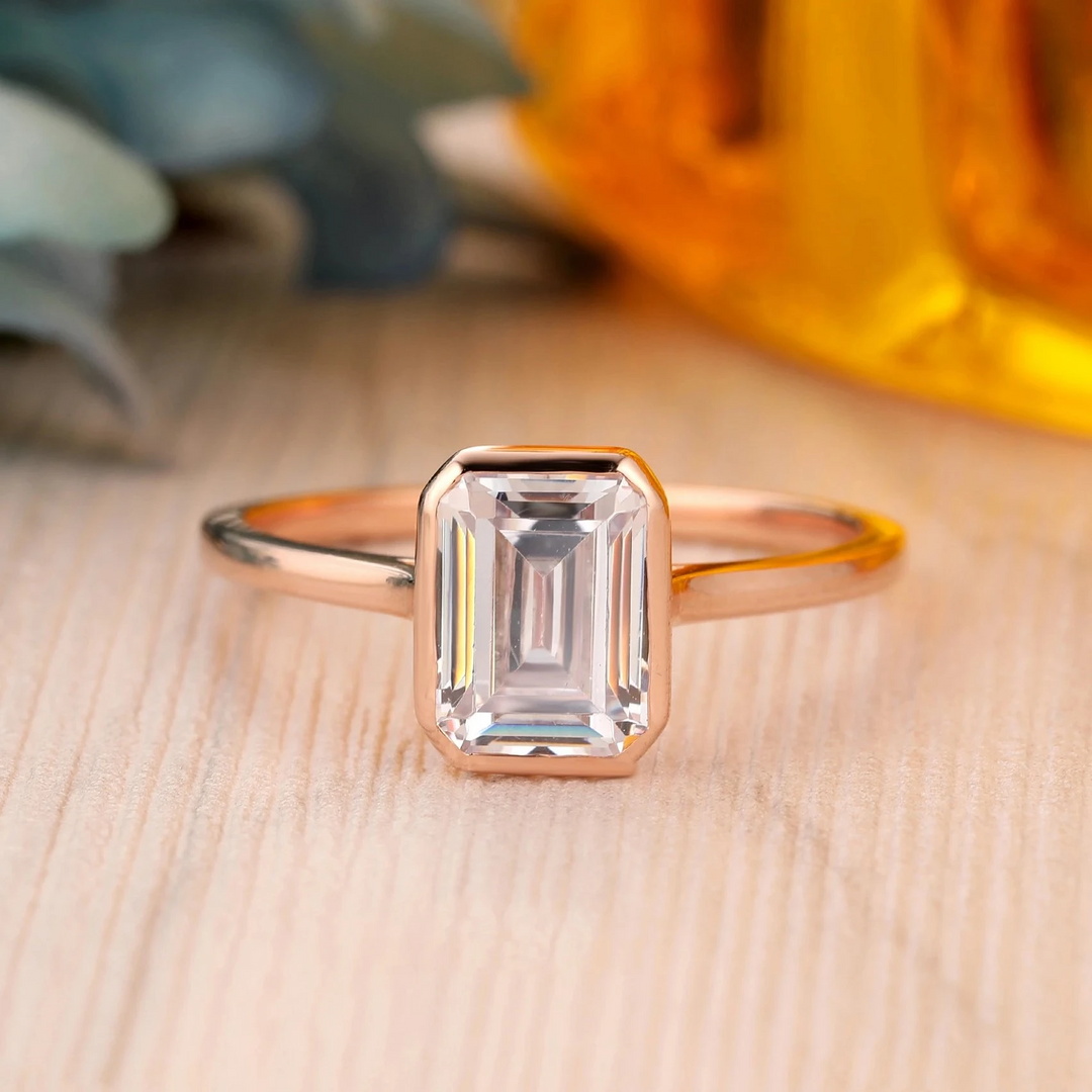 2CT Emerald Cut Moissanite Solitaire Ring, 14K Yellow Gold Engagement Ring, Bezel Setting, Statement Ring, Gift For Her, Anniversary Ring