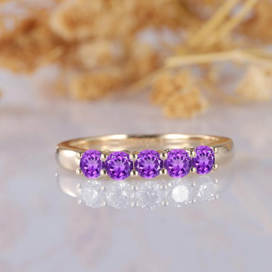 Natural Amethyst Band, Classic 0.5ctw Round Cut Natural Amethyst Ring, 5 Stone Wedding Band, Elegant Purple Stone, 14k Yellow Gold Ring