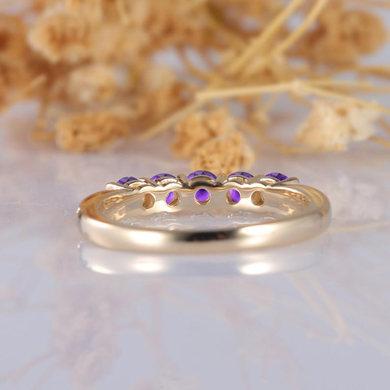 Natural Amethyst Band, Classic 0.5ctw Round Cut Natural Amethyst Ring, 5 Stone Wedding Band, Elegant Purple Stone, 14k Yellow Gold Ring