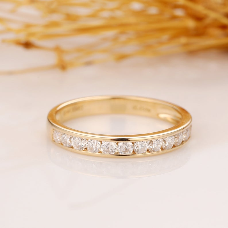 Half Eternity Wedding Band, Moissanite Wedding Ring, 14k Solid Yellow Gold Matching Ring