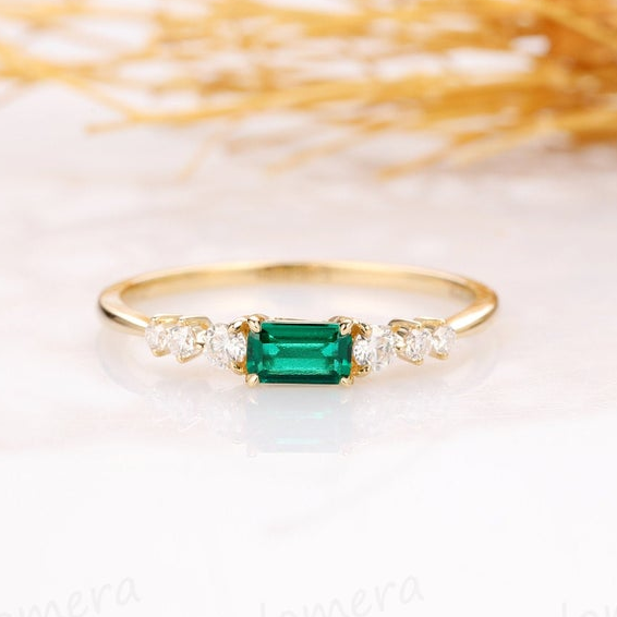 Baguette Cut Emerald & Round Cut Moissanite, 14k Solid Yellow Gold Wedding Band